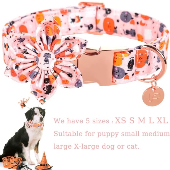 New Halloween Dog Collar with Flower, Pumpkin Cotton Flower Collar M Girl Dog, - Picture 2 of 10